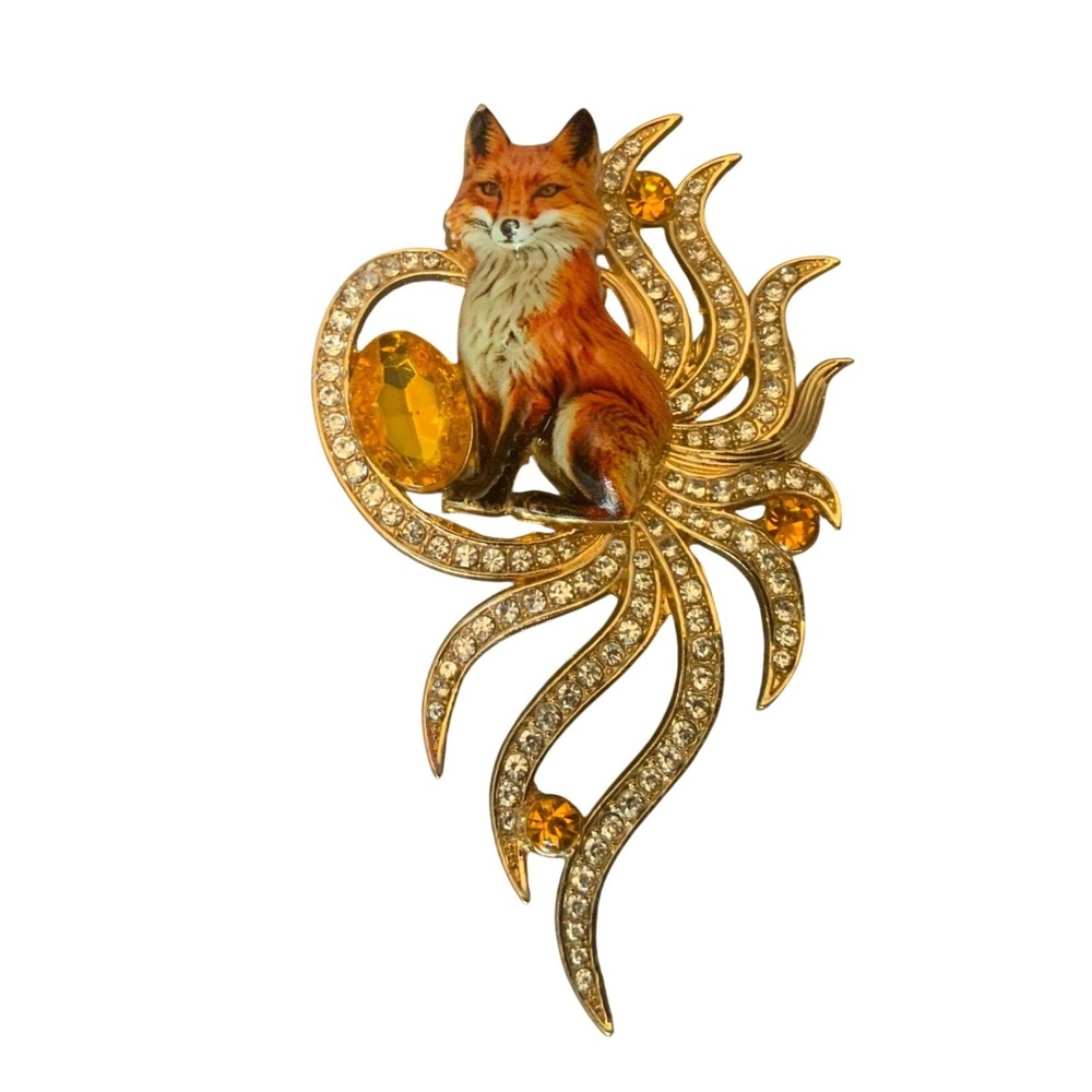 Vintage Gold Tone Enamel Red Fox Kitsune Brooch Nine Tail Rhinestone Pin Animal
